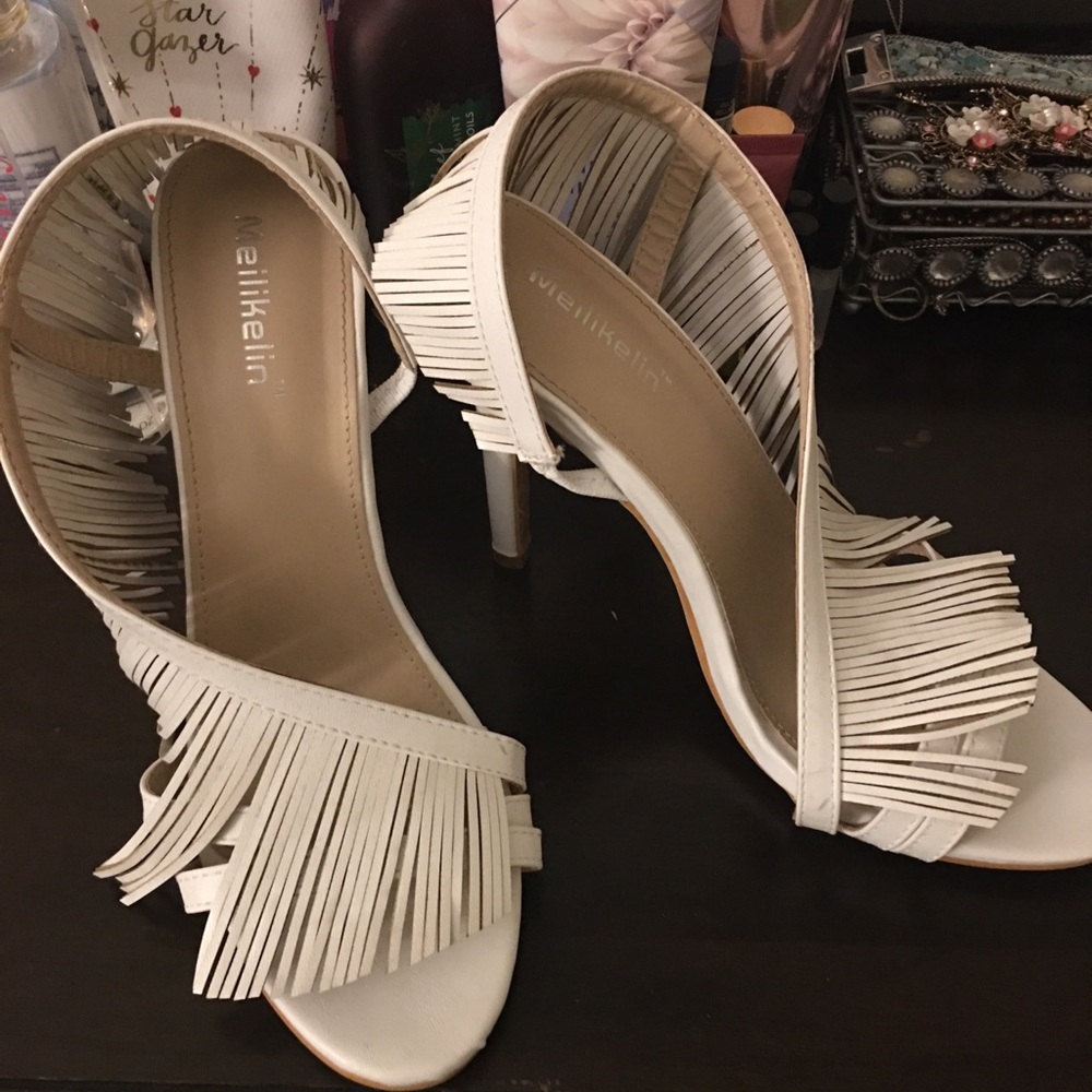 White Fringe Sandal Heel